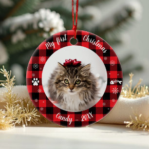 Ornamento De Cerâmica Cat Pet Primeiro Natal Foto Rustic Buffalo Check