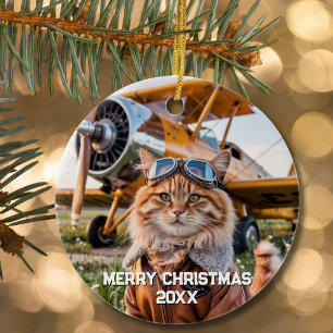Ornamento De Cerâmica Cat Pilot Airplane Funny Aviation Foto Natal