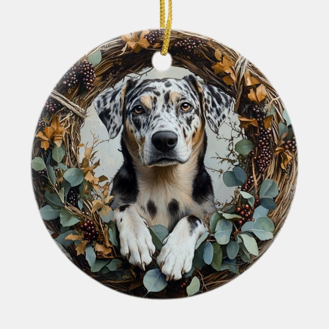 Ornamento De Cerâmica Catahoula Leopard Dog Wreath (Frente)