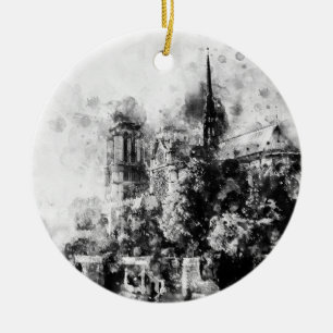 Ornamento De Cerâmica Catedral Negra e Branca da Ilustração Notre-Dame