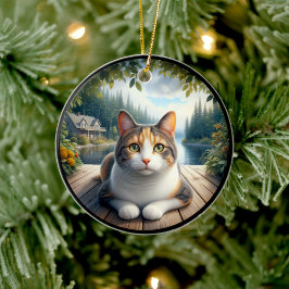 Ornamento De Cerâmica Cativante Cena Rústica de Gato Malhado 
