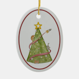 Ornamento De Cerâmica Cats in a Christmas Tree Ornament