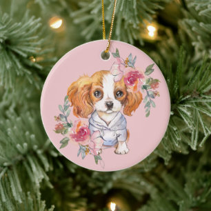 Ornamento De Cerâmica Cavalier Cavalier King Charles Spaniel e Flores