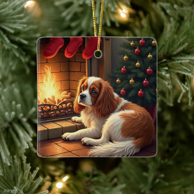 Ornamento De Cerâmica Cavalier King Charles by the Fireplace Christmas (Árvore)