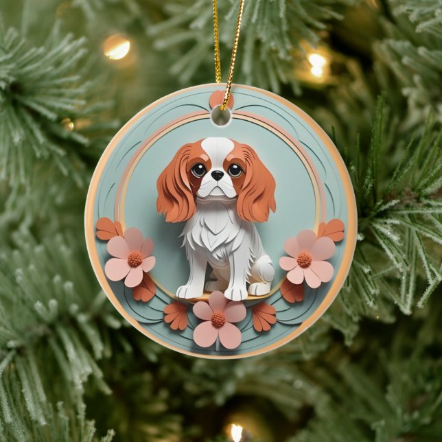Ornamento De Cerâmica Cavalier King Charles Flowers Papel Cortando Arte (Árvore)