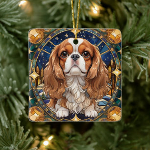Ornamento De Cerâmica Cavalier King Charles Pastel Dourado StainGlass