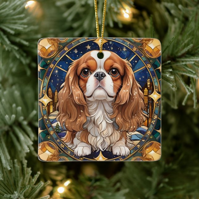 Ornamento De Cerâmica Cavalier King Charles Pastel Dourado StainGlass (Árvore)