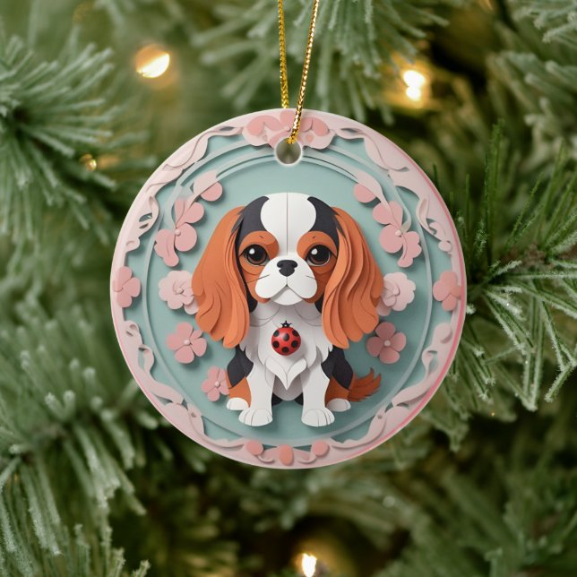 Ornamento De Cerâmica Cavalier King Charles Pink Flowers Paper Cutando (Árvore)