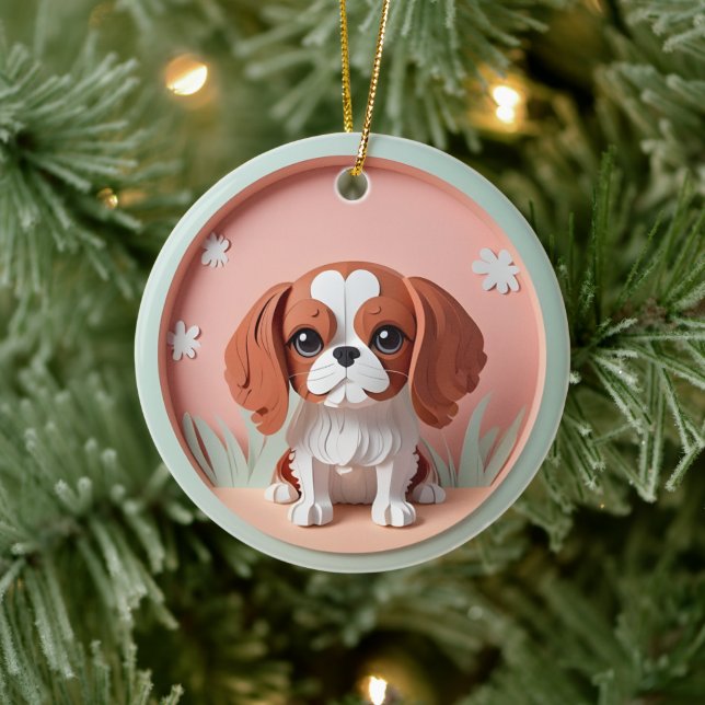 Ornamento De Cerâmica Cavalier King Charles Pink Pastel Cutando Papel (Árvore)