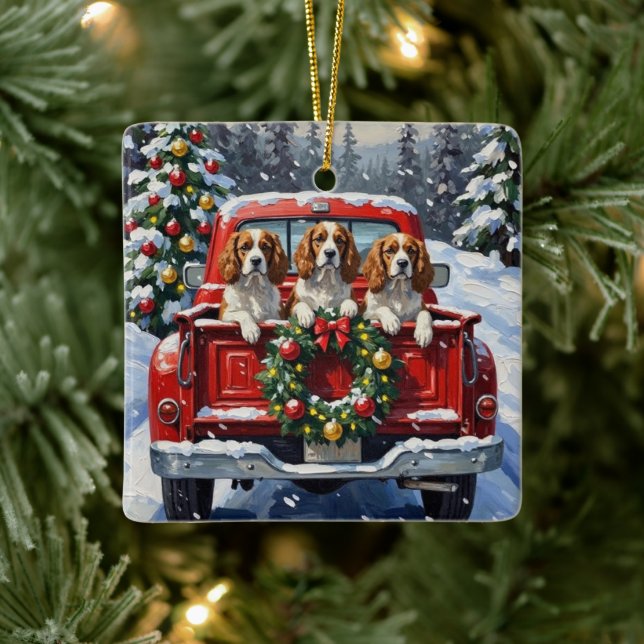 Ornamento De Cerâmica Cavalier King Charles Spaniel Christmas Red Truck (Árvore)