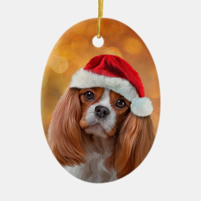 Ornamento De Cerâmica Cavalier King Charles Spaniel em chapéu vermelho d (Frente)