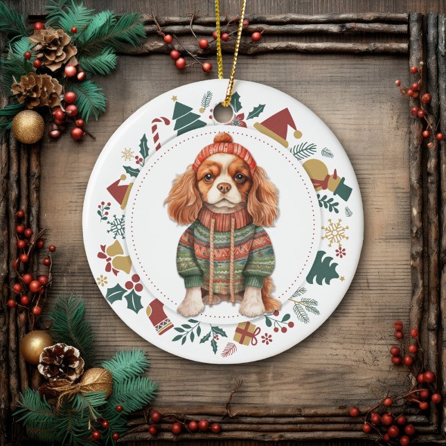 Ornamento De Cerâmica Cavalier King Charles Spaniel em Sweater de invern (Criador carregado)