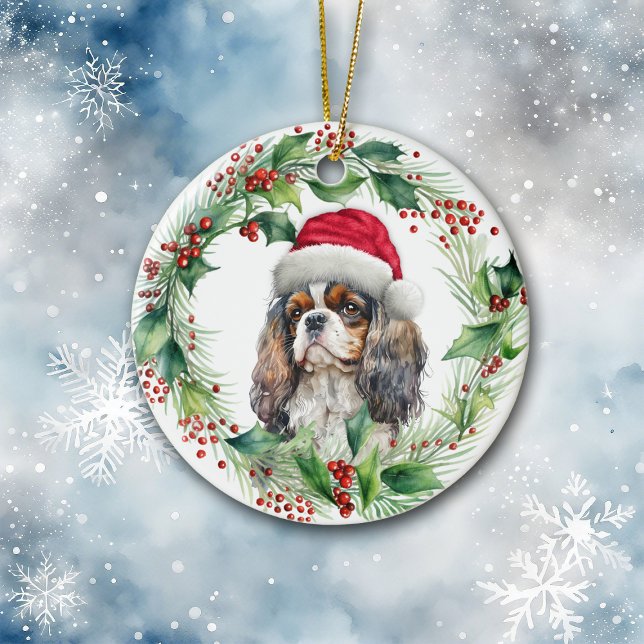Ornamento De Cerâmica Cavalier King Charles Spaniel Papais noeis Wreath (Criador carregado)
