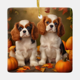 Ornamento De Cerâmica Cavalier King Charles Spaniel Puppy Autumn Pumpkin