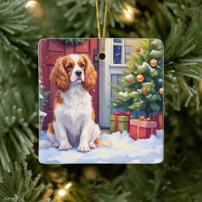 Ornamento De Cerâmica Cavalier King Charles Spaniel Snowy Christmas (Árvore)