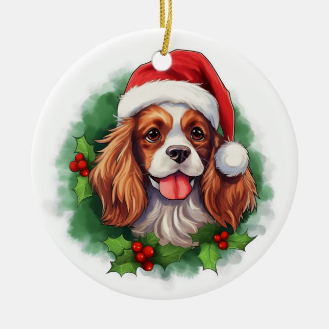 Ornamento De Cerâmica Cavalier King Charles Spaniel Wreath (Frente)