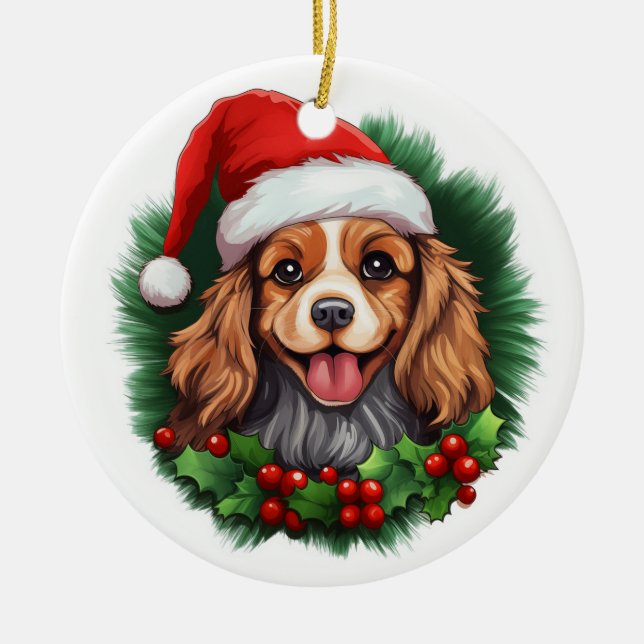 Ornamento De Cerâmica Cavalier King Charles Spaniel Wreath (Frente)
