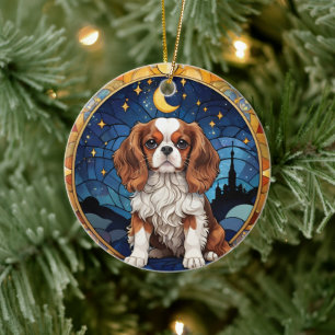 Ornamento De Cerâmica Cavalier King Charles StainGlass Night Moon