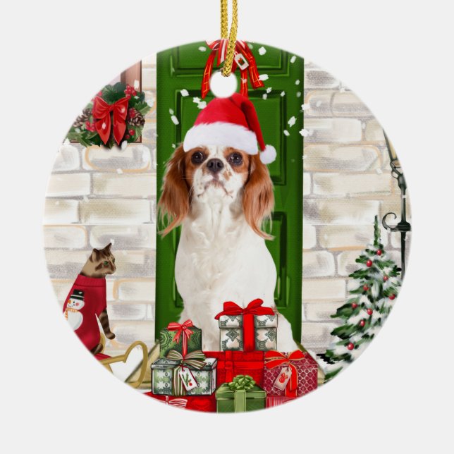 Ornamento De Cerâmica Cavalier King Dog Christmas (Frente)