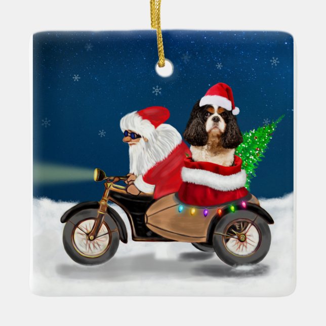 Ornamento De Cerâmica Cavalier King Dog Papai Noel (Frente)