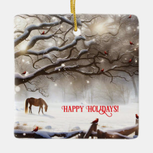 Ornamento De Cerâmica Cavalo Bonito em Pastagem com Natal de Cardinhos