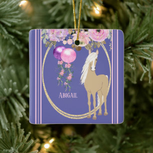 Ornamento De Cerâmica Cavalo Bonito, Rosa e Pergueiro Personalizado