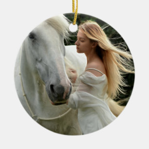 Ornamento De Cerâmica Cavalo branco e menina