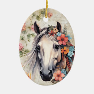 Ornamento De Cerâmica Cavalo branco em flores.