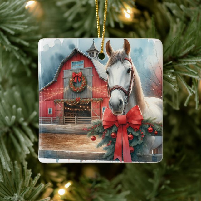 Ornamento De Cerâmica Cavalo Branco Fazenda Festiva Natal Personalizado (Árvore)