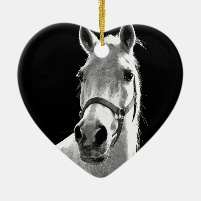 Ornamento De Cerâmica Cavalo Branco Negro Fechado na Noite (Frente)