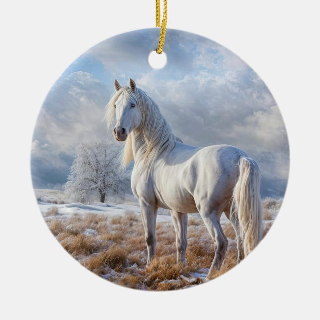 Ornamento De Cerâmica Cavalo Branco no Natal da Neve (Frente)