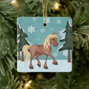 Ornamento De Cerâmica Cavalo Castanho Bonito Personalizado Snowy Christm