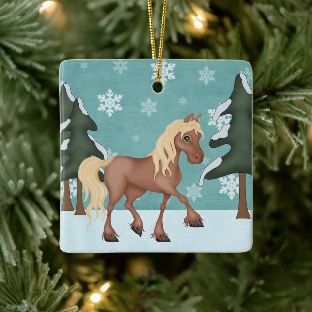 Ornamento De Cerâmica Cavalo Castanho Bonito Personalizado Snowy Christm (Árvore)