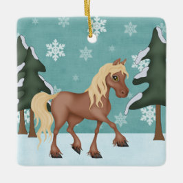 Ornamento De Cerâmica Cavalo Castanho Bonito Personalizado Snowy Christm