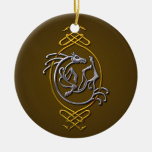 Ornamento De Cerâmica Cavalo celta Knotwork - prata & ouro