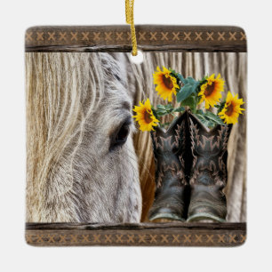 Ornamento De Cerâmica Cavalo Cowboy Boots Girassóis Flores do Sol Consel