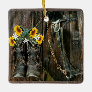 Ornamento De Cerâmica Cavalo Cowboy Boots Girassóis Flores Rústicas Cons