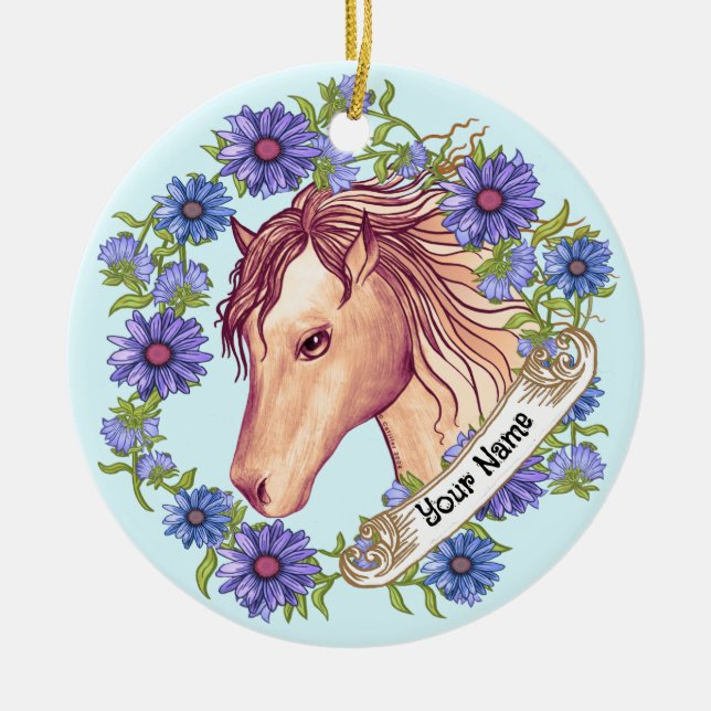 Ornamento De Cerâmica Cavalo Daisy Azul (Frente)