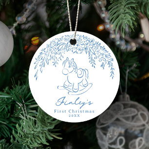 Ornamento De Cerâmica Cavalo de balanço caprichoso azul Primeiro Natal d