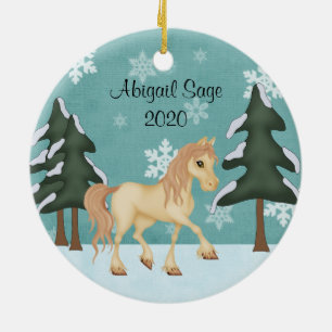 Ornamento De Cerâmica Cavalo de Creme Personalizado ~ Natal da Floresta