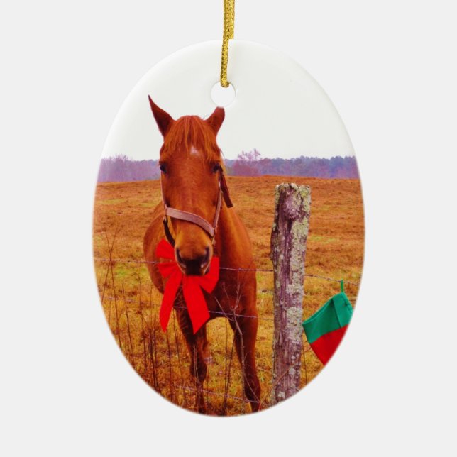 Ornamento De Cerâmica Cavalo de Natal com arco e estocagem (Frente)