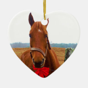 Ornamento De Cerâmica Cavalo de Natal com arco vermelho