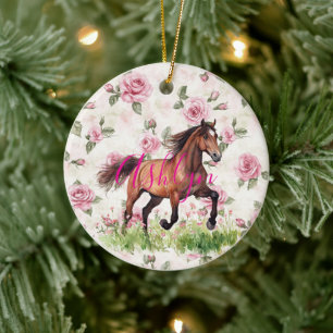 Ornamento De Cerâmica Cavalo de Natal com Rosas Cor-de-Rosa Bonitas