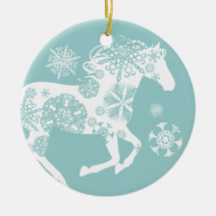 Ornamento De Cerâmica Cavalo de Natal de Floco de Neve Azul e Branco
