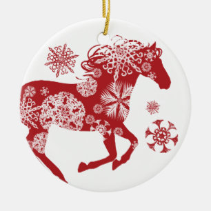 Ornamento De Cerâmica Cavalo de Natal do Floco de Neve Vermelho e Branco