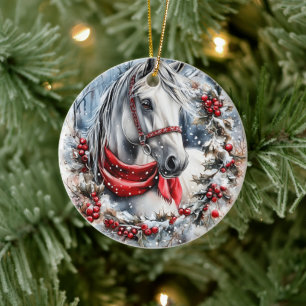Ornamento De Cerâmica Cavalo de Natal Elegante com Coroa de Inverno