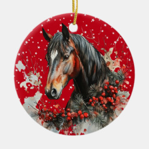 ORNAMENTO DE CERÂMICA CAVALO DE NATAL MARROM E BRANCO LINDO
