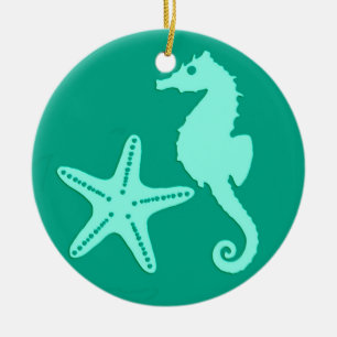 Ornamento De Cerâmica Cavalo-do-mar e estrelas-do-mar - turquesa e aqua