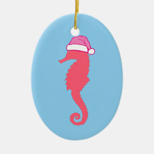 Ornamento De Cerâmica Cavalo-marinho com chapéu de Papai Noel