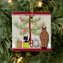 Ornamento De Cerâmica Cavalo Marrom e Gato Personalizados
